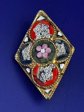 Vintage Signed ITALY Micro Mosaic Diamond Brooch Floral Gold Tone Rhombus Pin